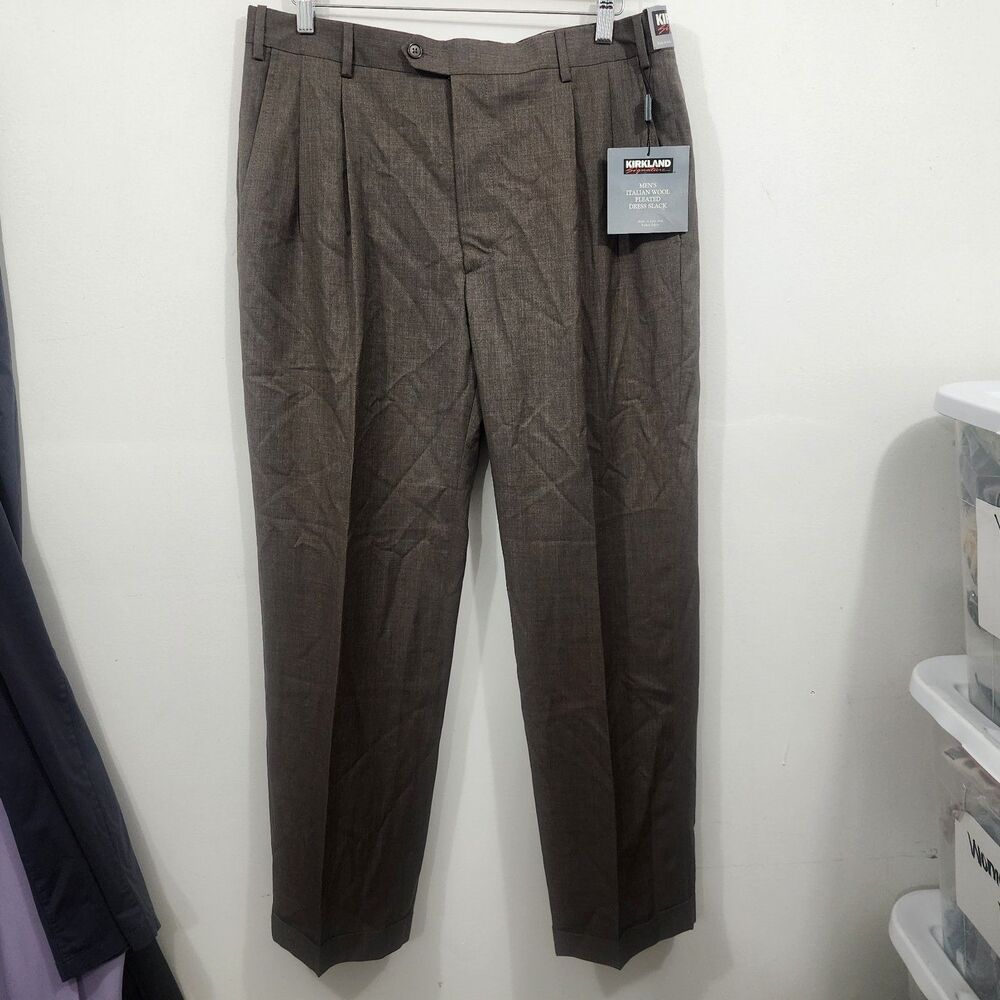 NWT Kirkland Signature Mens Italian Wool Dress Slacks Pants Pleated Brown 36x30